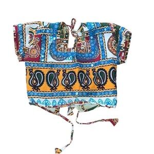 Blue and Yellow Short Sleeve Crop Blouse with Tie Front